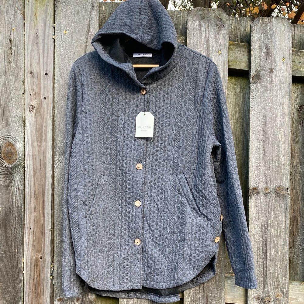 NWT Gray Cable knit Button Hooded Jacket with pockets plus size 2XL grey